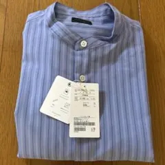 新品 ウォッシャブルトロ ストライプ ジャストルーズ バンドカラー シャツ Ｌ