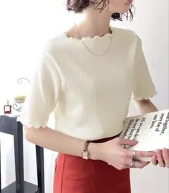 美品 Lサイズ classicalelf 配色メロウ5分袖シャーリングトップス