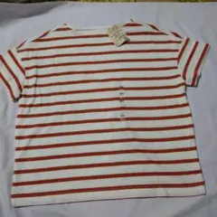 無印良品　ポートネックワイドTシャツ XS-S オレンジストライプ