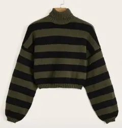 オリーブグリーン ブラック ストライプ セーター