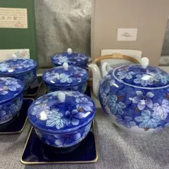 深川製磁　赤絵ブドー　茶器揃　ルリ釉　角茶托　急須　湯呑　茶托　茶道具