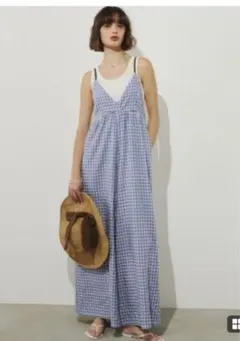 美品　配色ワイドロンパース　ユニテージ　オールインワン　ギンガムチェックのサムネイル