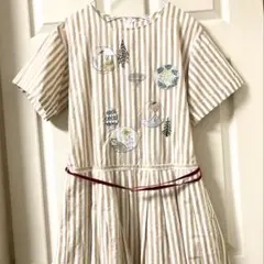 刺繍　ストライプ　コットン　ワンピース