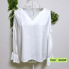 ♤NorNia・M 長袖シャツ バルーンスリーブ ホワイト Vネック