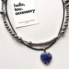 シルバービーズネックレス　ブルーハートモチーフ　チョーカー風