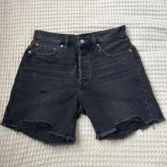 リーバイス501W28 レディース ブラックデニム ショートパンツ ダメージ L
