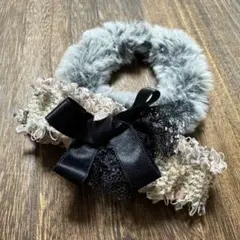 【3way】レースとフリンジダブルリボンのヘアピン&ファーヘアゴムセット
