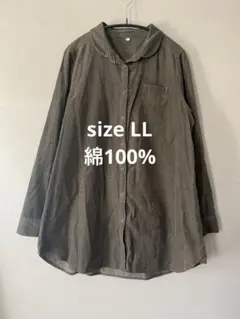 コーデュロイ長袖シャツLLオリーブグリーン カーキ 丸襟 大きめ綿100%