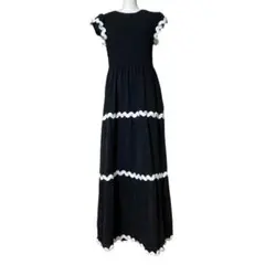 フリル ブラック マキシ丈 ワンピース シャーリング ストレッチ ツートンカラー