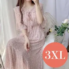 3XL ワンピース ピンク 半袖 五分袖 小花柄 ミモレ丈 マタニティ 大きめ