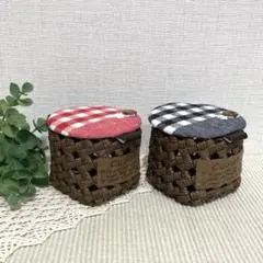 クラフトバンド　ふたつきかご【小】（レッド・ネイビー×ブラウン）２個セット