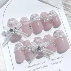 ネイルチップ　量産型　韓国ネイル　フレンチガーリー　リボン　ピンク