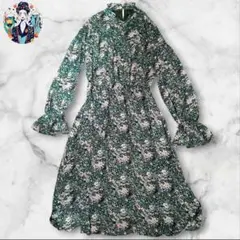 レトロ ロング丈 花柄 フレアスリーブ ワンピース 緑色 レディース ゴム入り