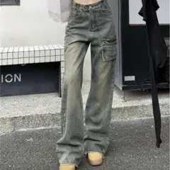 フレアデニム ダークブルー ワイドレッグデニム フリンジ