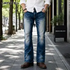 【美品】AYUITE 赤ミミ ダメージ加工 セミフレア デニムパンツ 青 XLのサムネイル