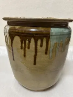 茶道具 阿漕焼 蓋付水指 萬古焼 櫛目 海鼠釉 釉垂れ 骨董品 和モダン