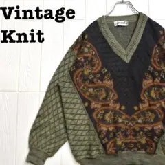 0116A イタリア製 総柄Vネックニット M オリーブグリーン 古着 一点物