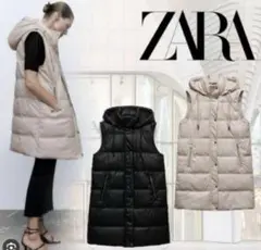 ZARA フード付きダウン　ジャケット　ロング　ベスト　ジレ　ホワイト　レザー