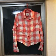 フォーエバー21 オレンジホワイト格子縞 長袖シャツ