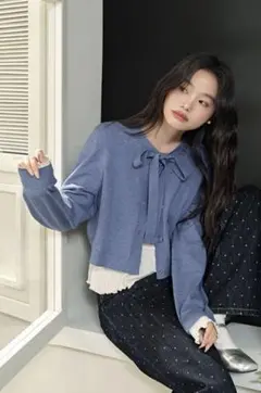 kuose クオセ KUOSE クロップドリボンカーディガン GREY BLUE