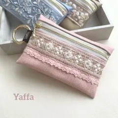 インド刺繍リボン×合皮　カラビナ付きポーチ　キーケース　カードケース　ピンク