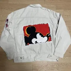 90s ディズニーヴィンテージ　デニムジャケット　生成り　ベージュ　ミッキー　L