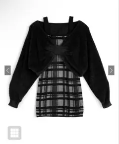 リボンシャギートップス×チェック柄キャミソールミニワンピースニット