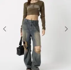 FOREVER21 ダメージデニム バギー ワイド Y2K グランジ 【S】のサムネイル