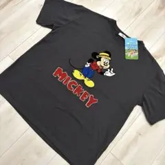 【新品】ミッキーマウス 刺繍 半袖Tシャツ L ダークグレー ディズニー