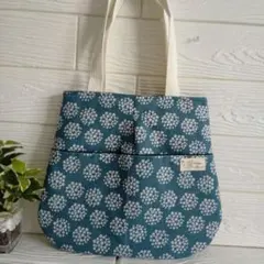 ふんわりトートバック 花がら・ブルー・丸底型