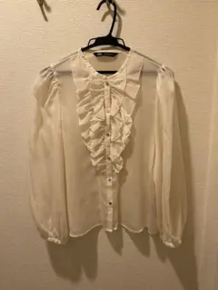 【ZARA】 フリル付きシフォンホワイトブラウス Sサイズ
