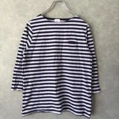 栗原はるみ ボーダーカットソー 七分袖【M】綿100% 胸ポケット 紫色