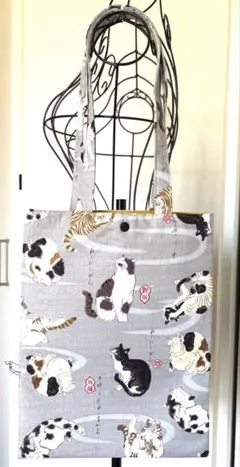 【ハンドメイド】トートバッグ　日本猫　猫だらけ　グレー　ネコ