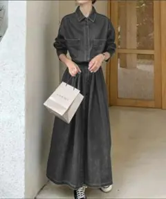 新品タグ付きDoula DoulaデニムフレアロングワンピースLのサムネイル