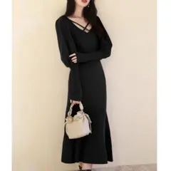 新春SALE‼️未使用✨【セゾンドパピヨン】 ロング ニットワンピース 黒 （M）