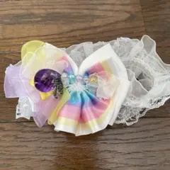 犬用首輪　虹色リボン付き　ゴムチョーカーアクセサリー