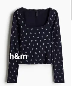 H&M 花柄リブトップス ピコットトリム コットントップス