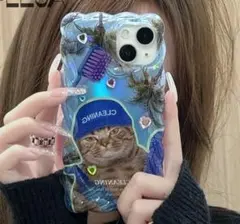 iphoneケース 11 12/12p　猫　ブルー