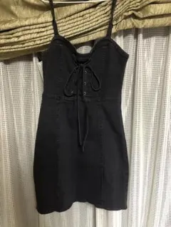 デニムキャミワンピース 黒 フロントレースアップ