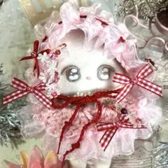 ぬい服 12cm ぬいぐるみ ヘッドドレス ベビーピンク 赤 ギンガムチェック