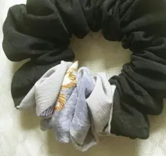 ゴム交換可能 黒絹＆絹 色暈し地紋様 フリル フリル シュシュ 着物リメイク