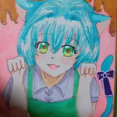 手描き アナログ オリジナル 猫耳 アイス屋さん 美少女 色紙 原画