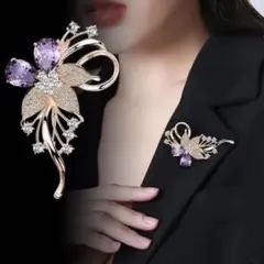 パープル ストーン フラワー ブローチ キラキラ 入学式 卒業式 フォーマル