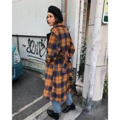 ロデオクラウンズ オレンジ・ネイビー チェック ロングコート