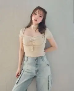 試着のみ ポローラ poláura ダブルリボンチュールトップス ピンク