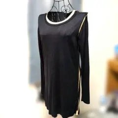 シルク100% 黒 ニット長袖ワンピース 金色アクセント