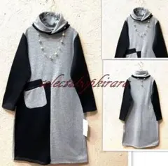 2025新作☆デザイン襟☆裏起毛配色ニットソーワンピース☆F