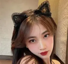 猫耳 カチューシャ レース リボン ブラック