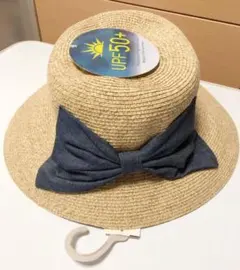 麦わら帽子 可愛い デニムリボン ストローハット 57.5cm 新品
