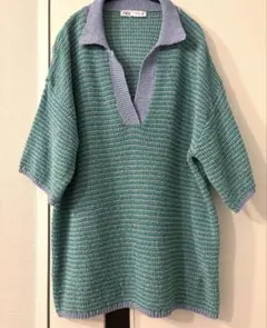 ZARA 半袖 ポロニット グリーンのサムネイル